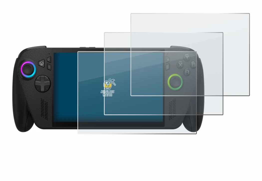 Abbildung des Geräts ASUS ROG Ally X 2025 mit einer Vielzahl des Displayschutzes.