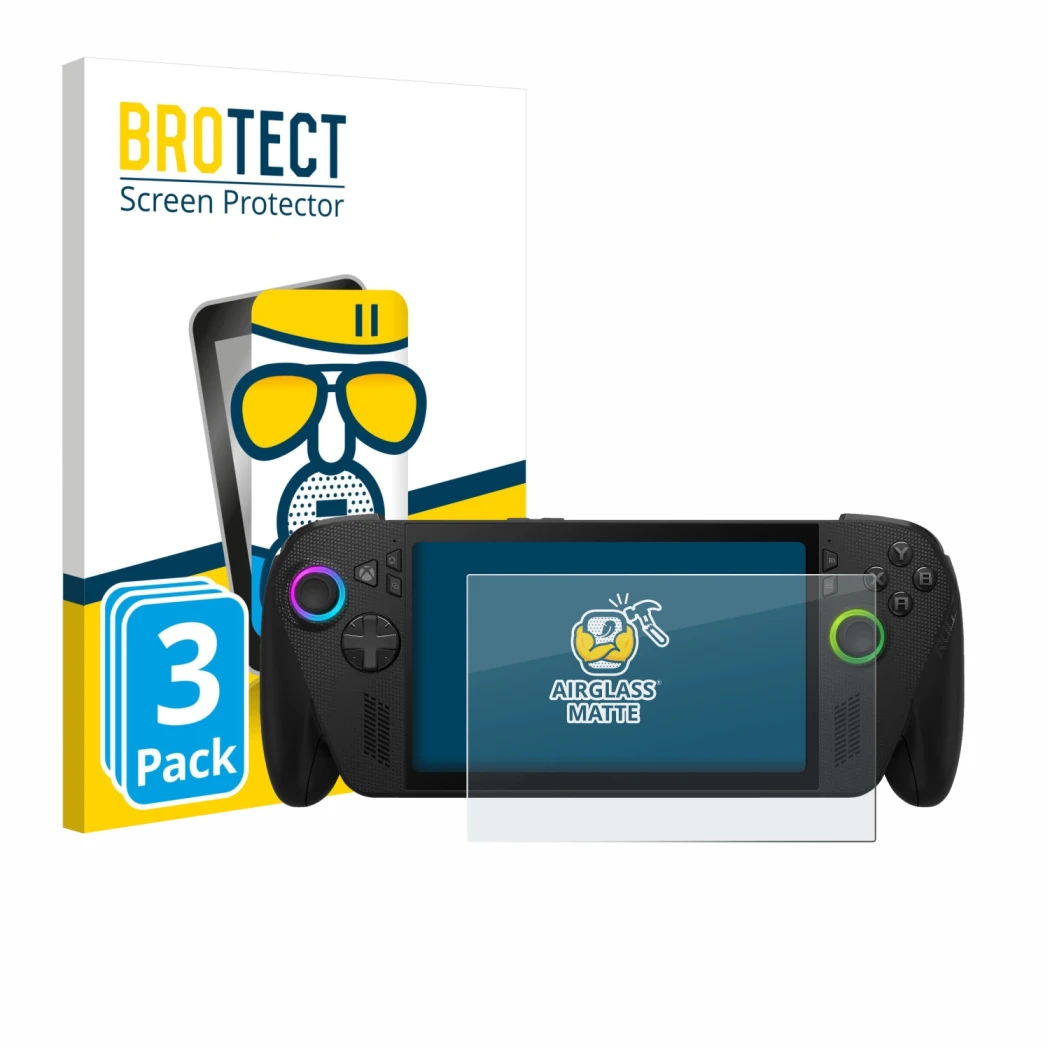 Vorderseite einer Produktverpackung mit dem Markenlogo BROTECT. Daneben ist das Gerät ASUS ROG Xbox Ally X mit dem zugehörigen