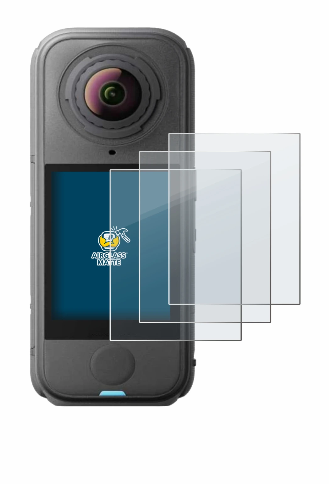 Abbildung des Geräts Insta360 X4 Air mit einer Vielzahl des Displayschutzes.