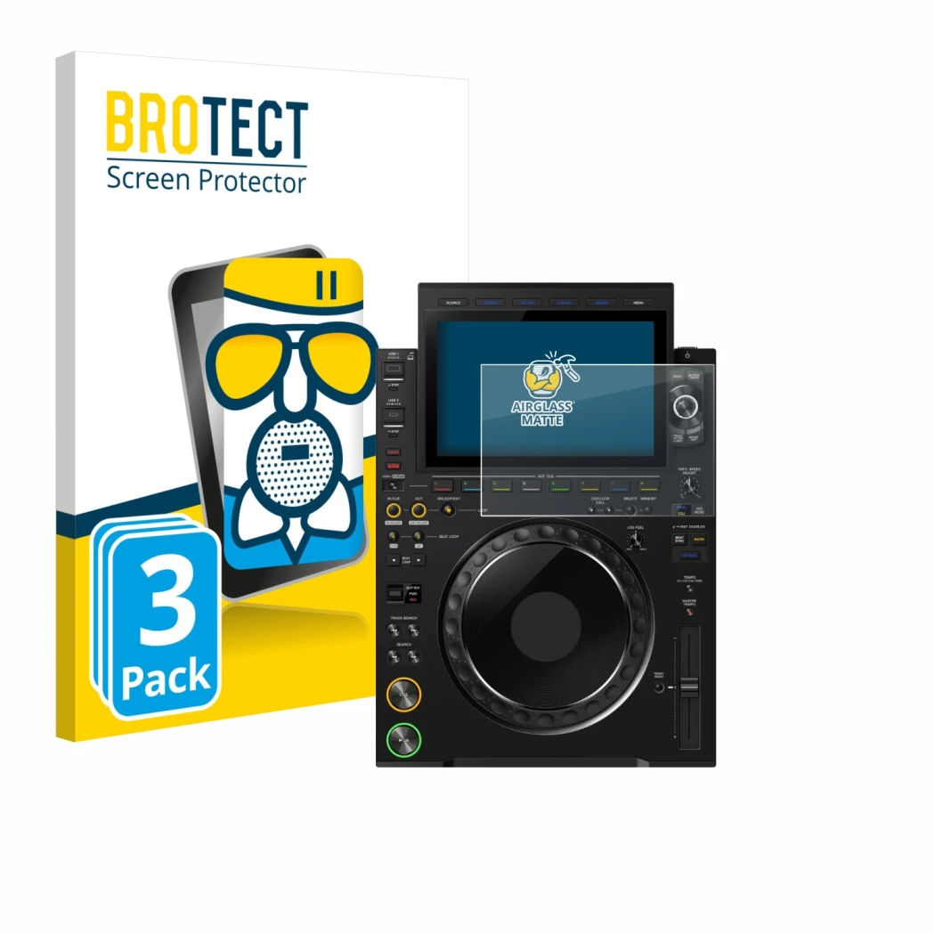 Vorderseite einer Produktverpackung mit dem Markenlogo BROTECT. Daneben ist das Gerät Pioneer CDJ 3000X mit dem zugehörigen Di