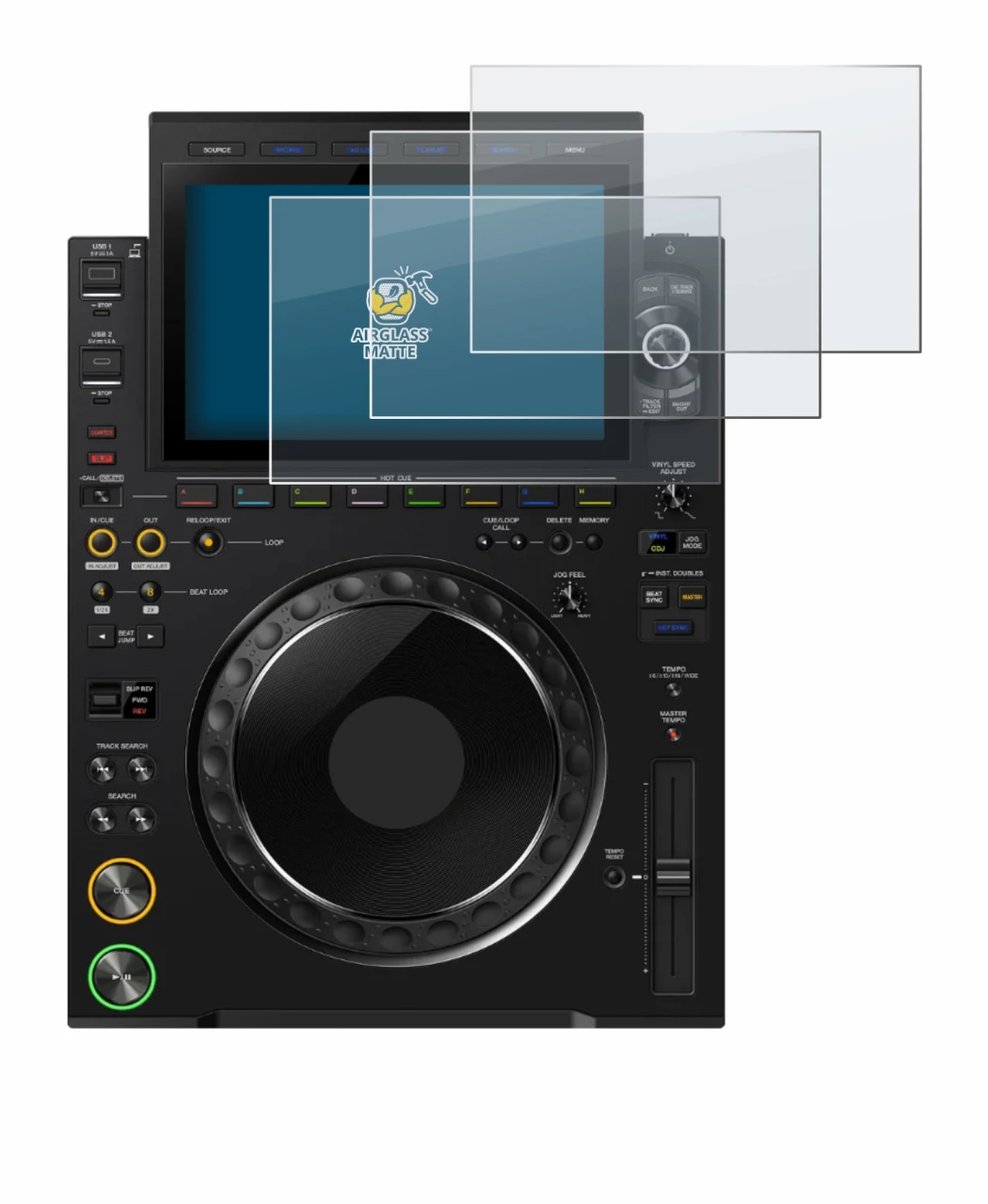 Abbildung des Geräts Pioneer CDJ 3000X mit einer Vielzahl des Displayschutzes.