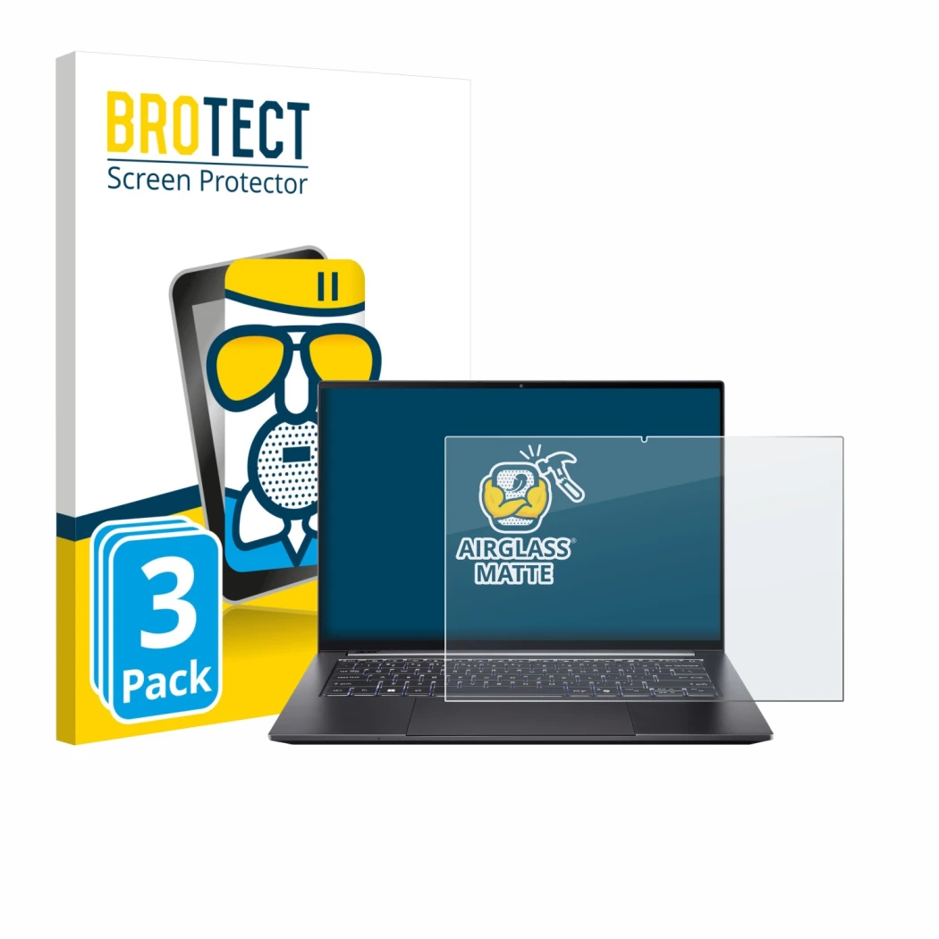 Vorderseite einer Produktverpackung mit dem Markenlogo BROTECT. Daneben ist das Gerät Acer Swift X 14 SFX14-73G Touch mit dem 