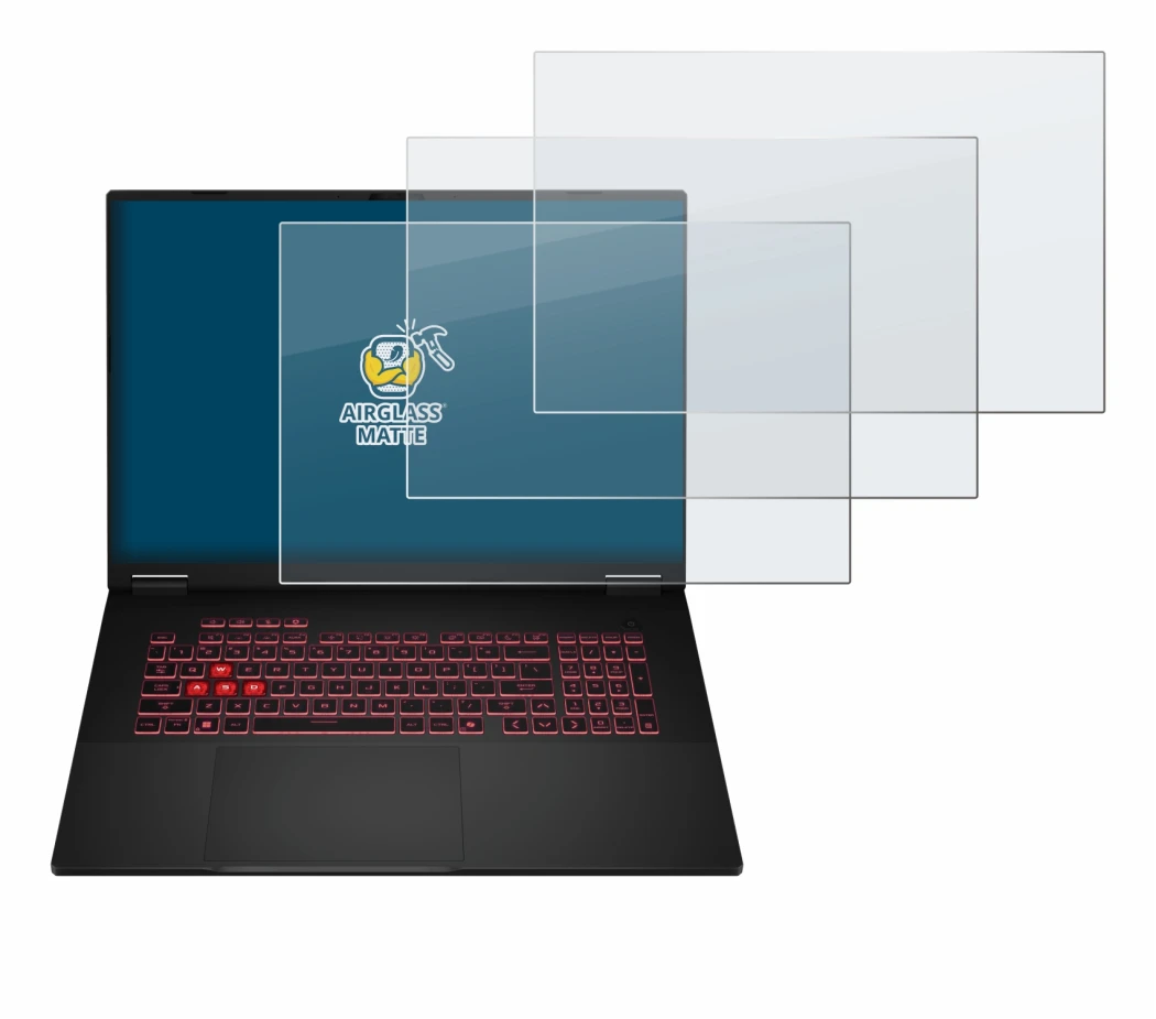 Abbildung des Geräts ASUS TUF Gaming A18 2025 mit einer Vielzahl des Displayschutzes.