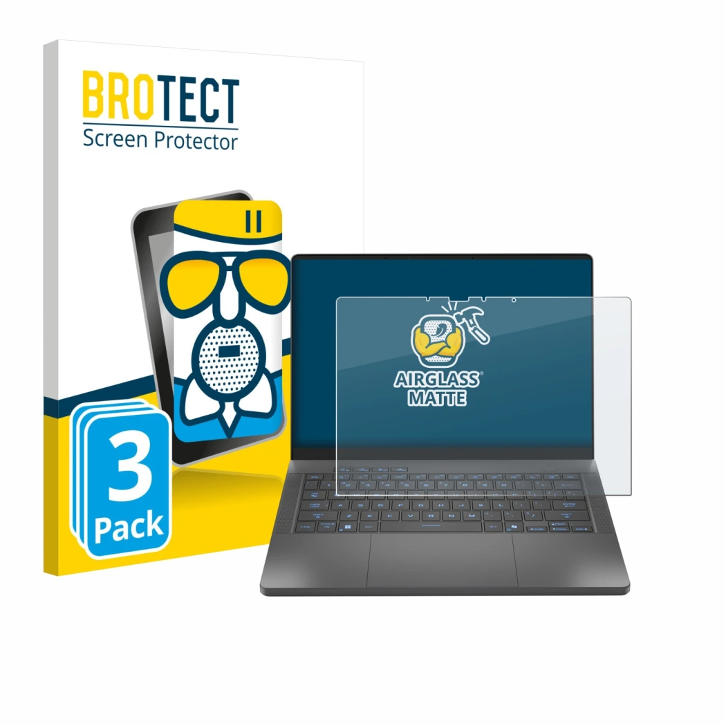 Vorderseite einer Produktverpackung mit dem Markenlogo BROTECT. Daneben ist das Gerät ASUS ROG Zephyrus G14 2025 GA403 mit dem