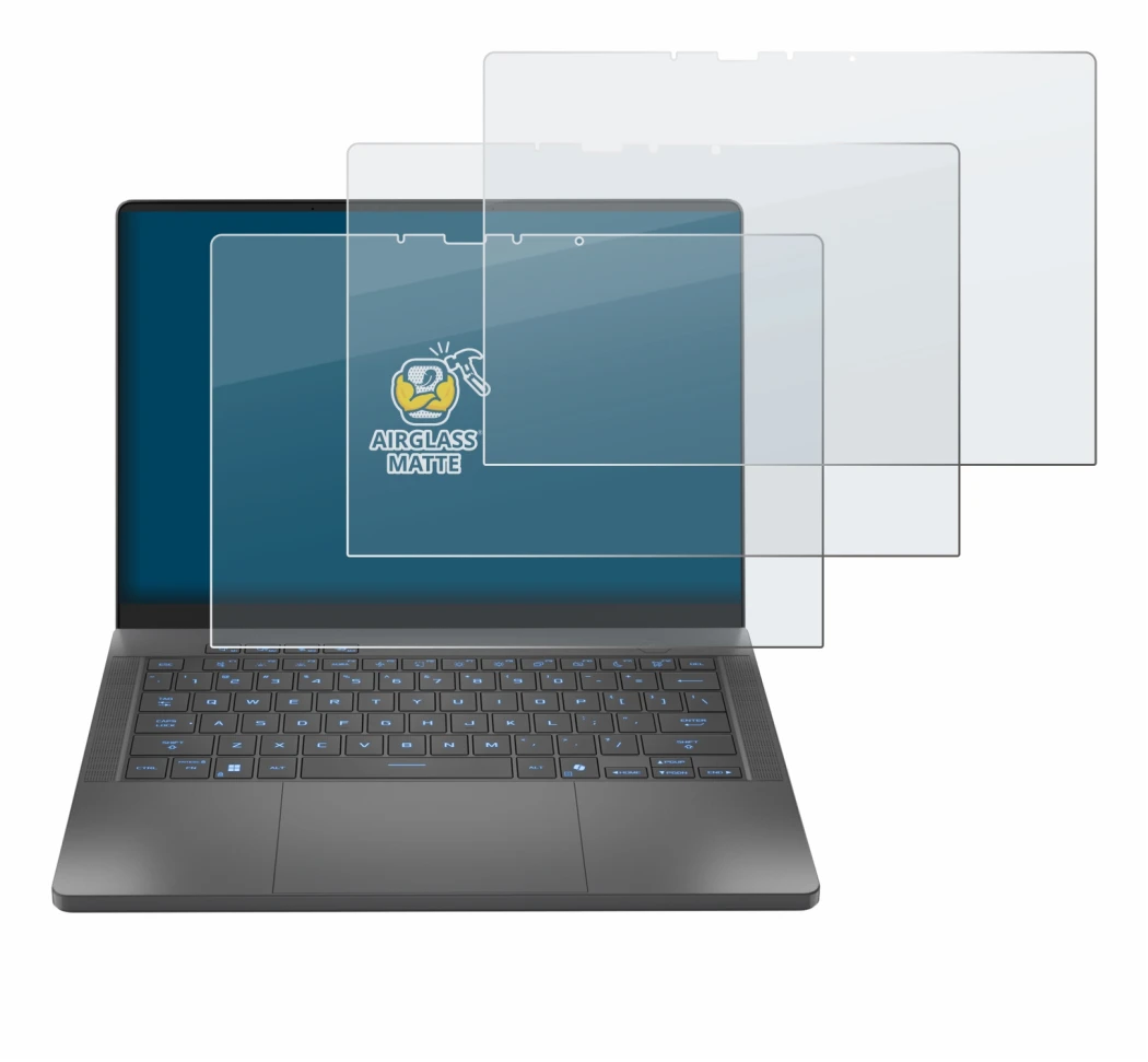 Abbildung des Geräts ASUS ROG Zephyrus G14 2025 GA403 mit einer Vielzahl des Displayschutzes.