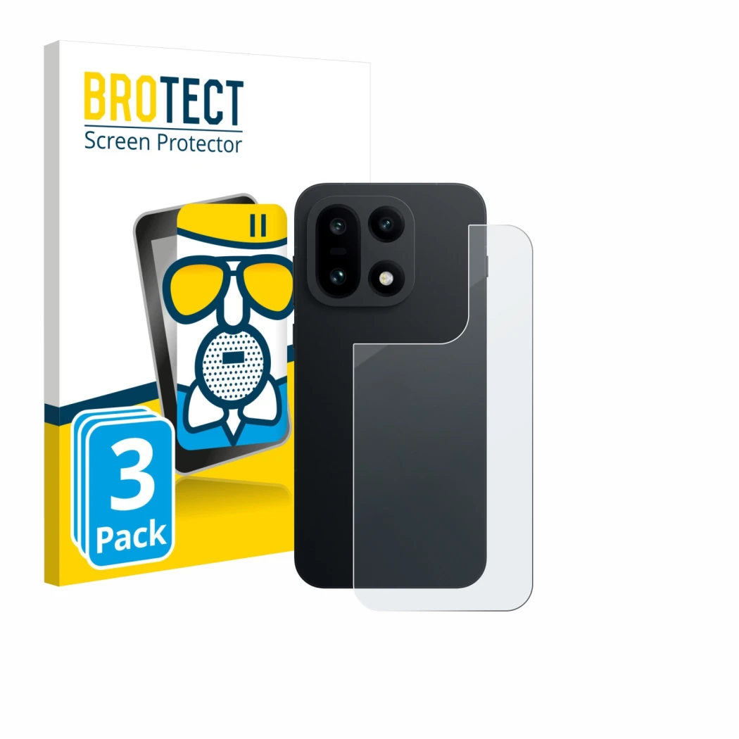 Vorderseite einer Produktverpackung mit dem Markenlogo BROTECT. Daneben ist das Gerät OnePlus 15 (Rückseite) mit dem zugehörig