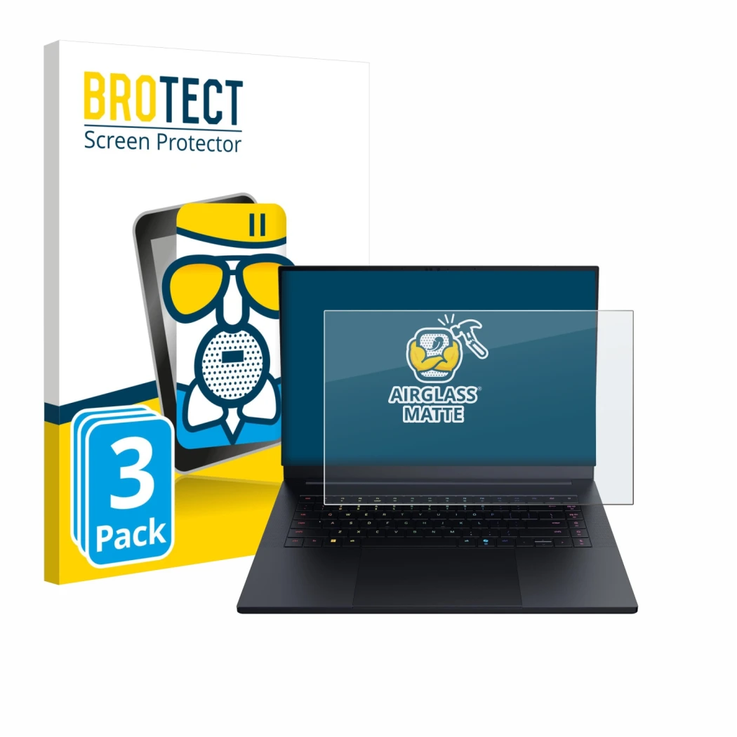 Vorderseite einer Produktverpackung mit dem Markenlogo BROTECT. Daneben ist das Gerät Razer Blade 16 2025 mit dem zugehörigen 