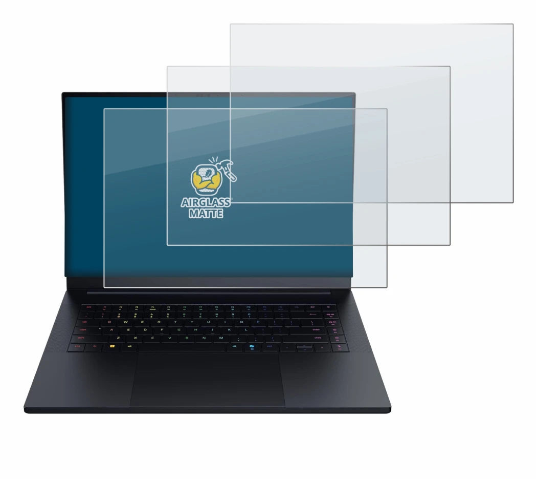 Abbildung des Geräts Razer Blade 16 2025 mit einer Vielzahl des Displayschutzes.