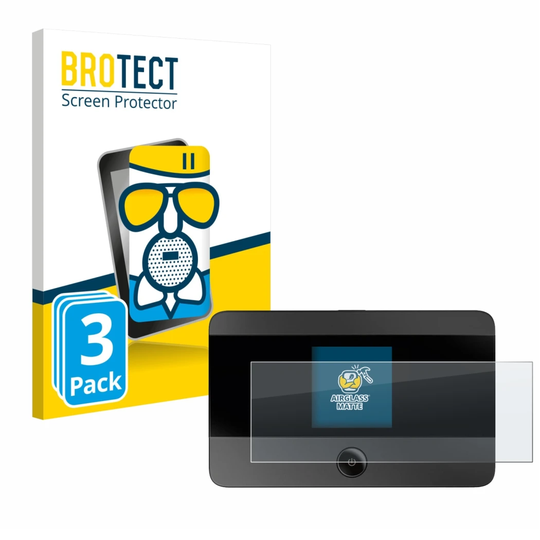 Vorderseite einer Produktverpackung mit dem Markenlogo BROTECT. Daneben ist das Gerät TP-Link M7350 mit dem zugehörigen Displa