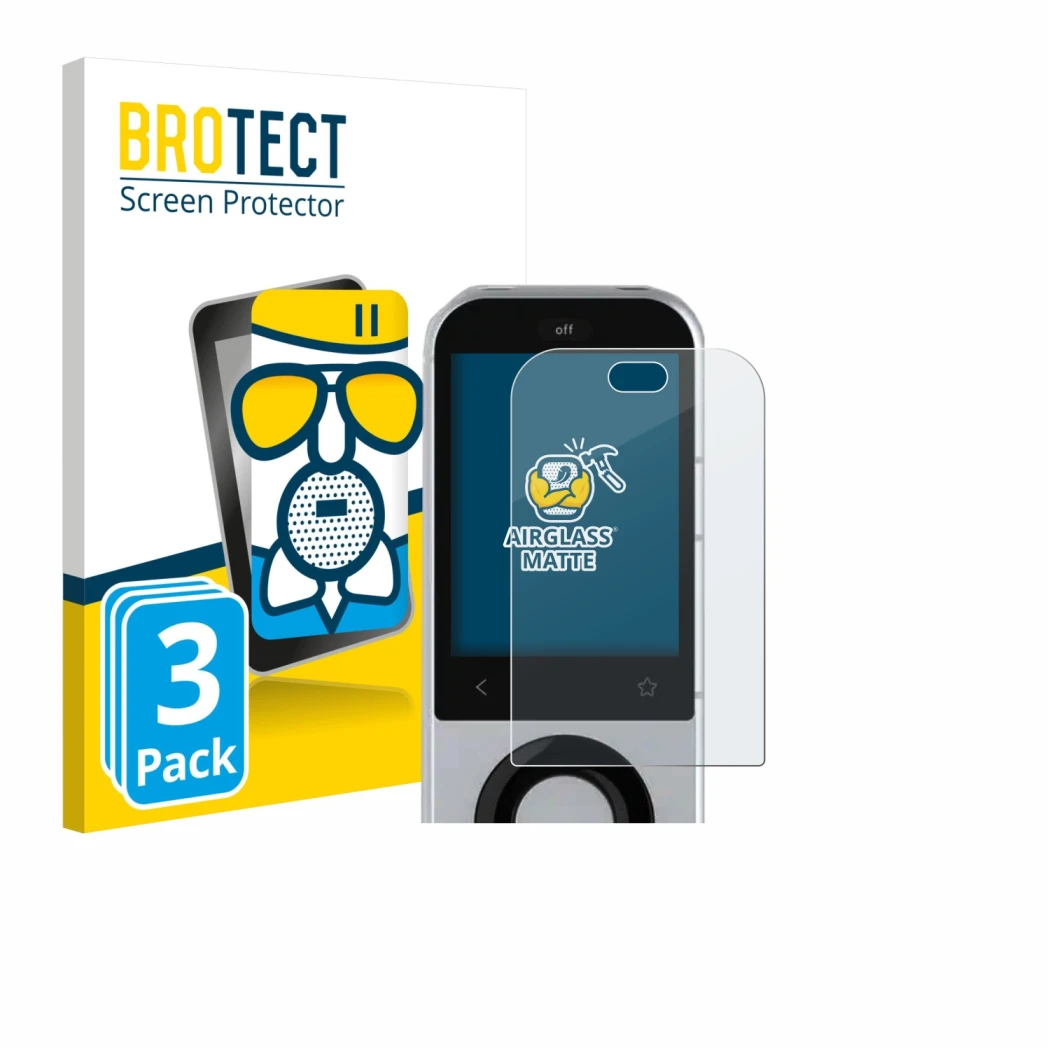 Vorderseite einer Produktverpackung mit dem Markenlogo BROTECT. Daneben ist das Gerät Sofabaton X2 mit dem zugehörigen Display