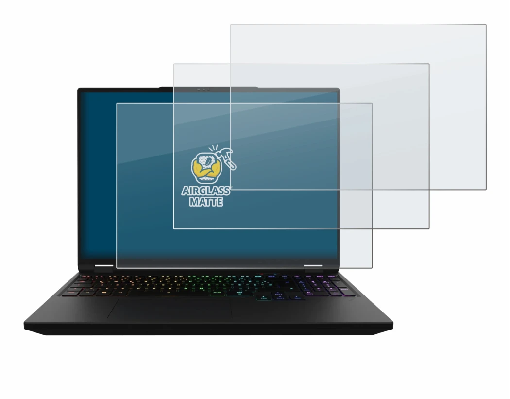 Abbildung des Geräts XMG Apex 16 Max mit einer Vielzahl des Displayschutzes.