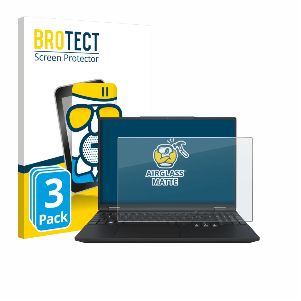 Vorderseite einer Produktverpackung mit dem Markenlogo BROTECT. Daneben ist das Gerät Tuxedo InfinityBook Max 15 Gen 10 mit de