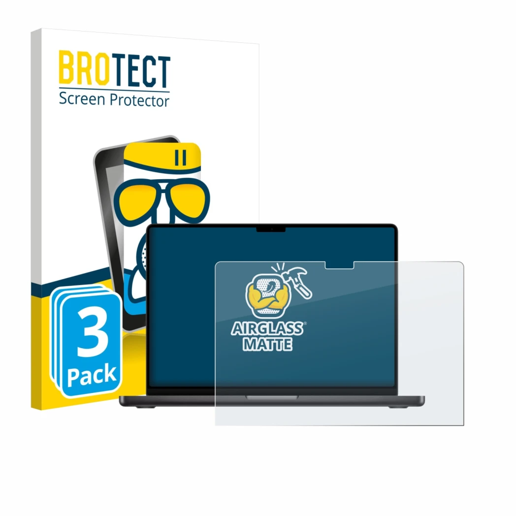 Vorderseite einer Produktverpackung mit dem Markenlogo BROTECT. Daneben ist das Gerät Apple MacBook Pro 14