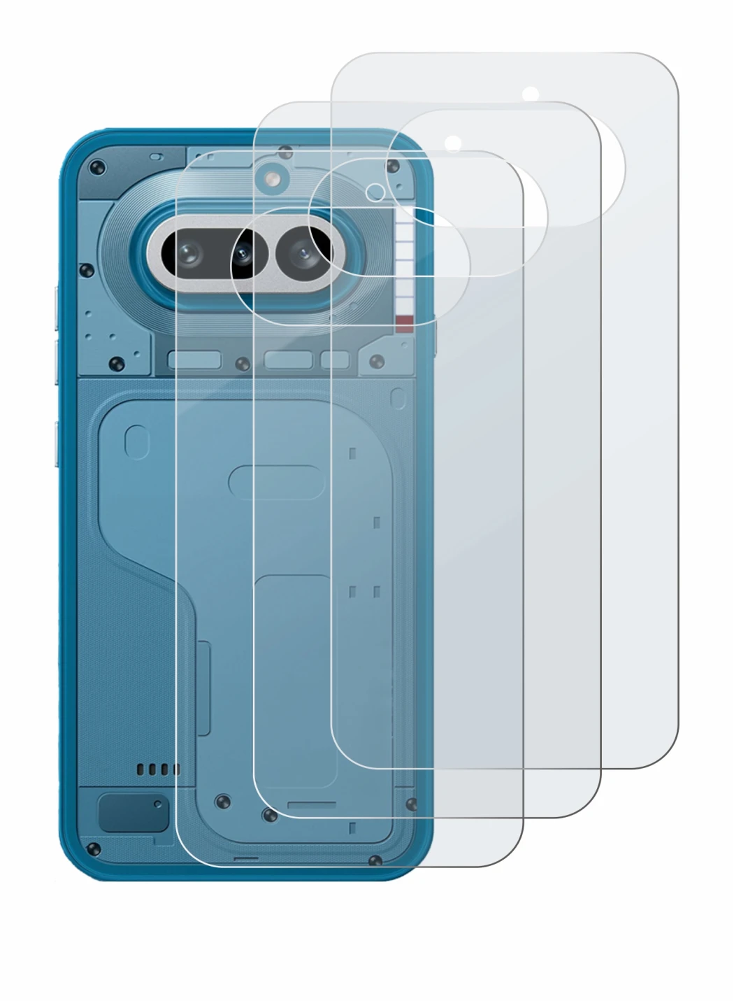 Abbildung des Geräts Nothing Phone (4a) (Rückseite) mit einer Vielzahl des Displayschutzes.
