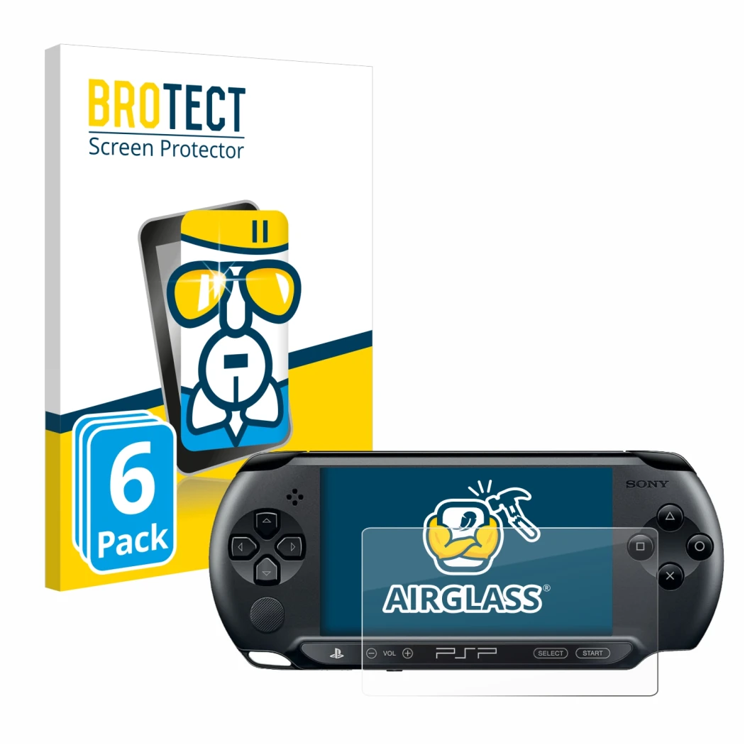 Vorderseite einer Produktverpackung mit dem Markenlogo BROTECT. Daneben ist das Gerät Sony PSP 1004 mit dem zugehörigen Displa