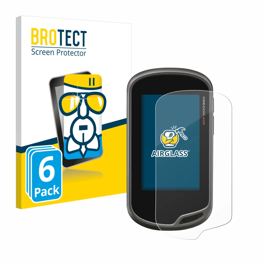 Vorderseite einer Produktverpackung mit dem Markenlogo BROTECT. Daneben ist das Gerät Garmin Oregon 600 mit dem zugehörigen Di