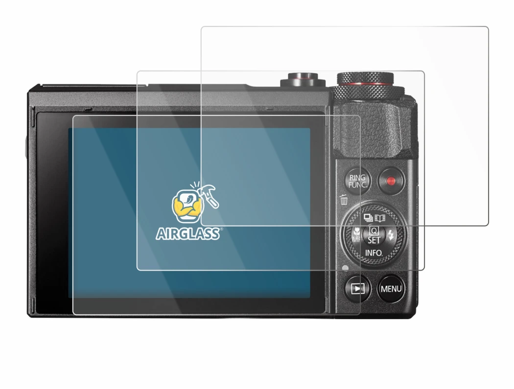 Abbildung des Geräts Canon PowerShot G7 X Mark II mit einer Vielzahl des Displayschutzes.