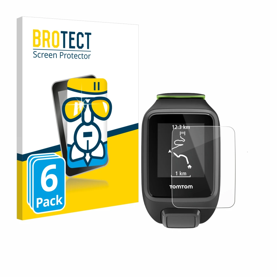 Vorderseite einer Produktverpackung mit dem Markenlogo BROTECT. Daneben ist das Gerät TomTom Runner 3 mit dem zugehörigen Disp