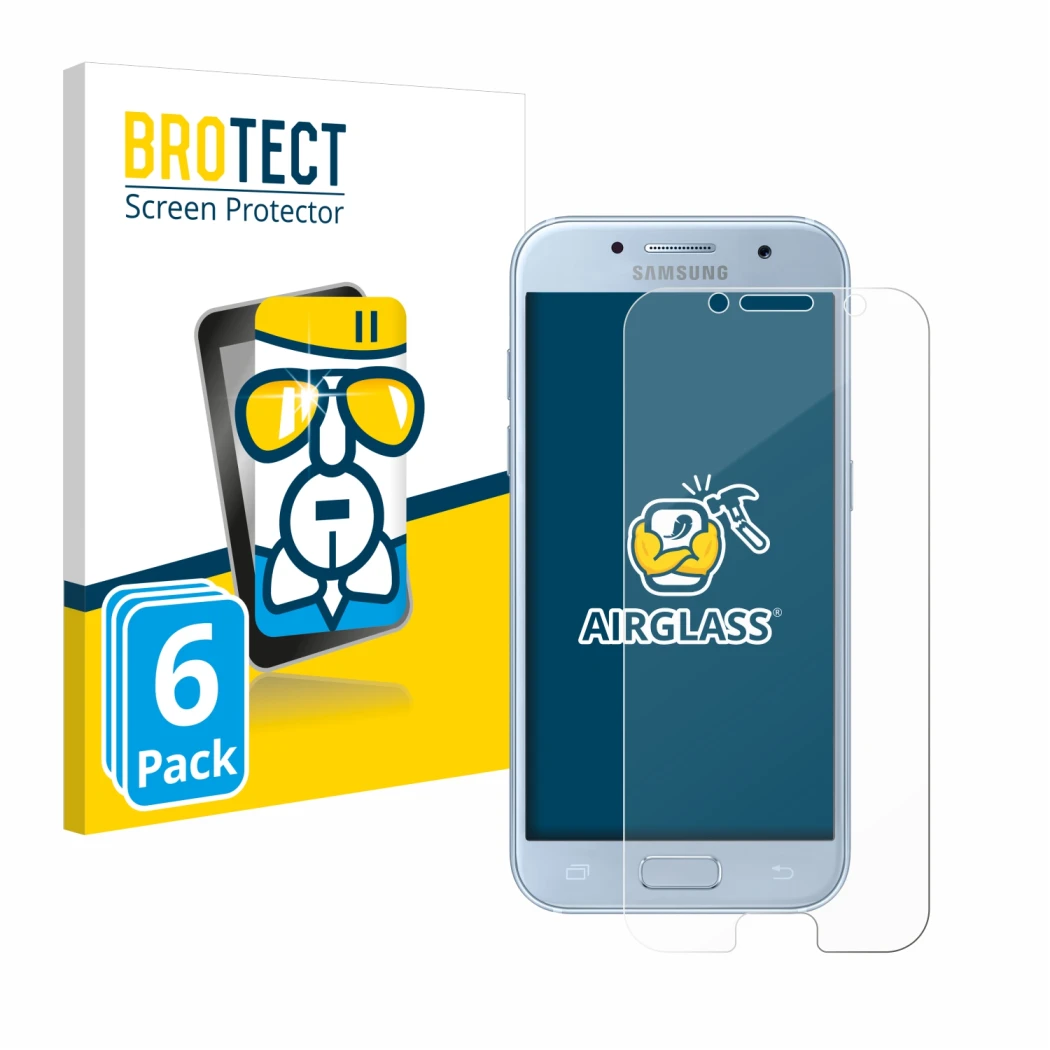 Vorderseite einer Produktverpackung mit dem Markenlogo BROTECT. Daneben ist das Gerät Samsung Galaxy A5 2017 mit dem zugehörig