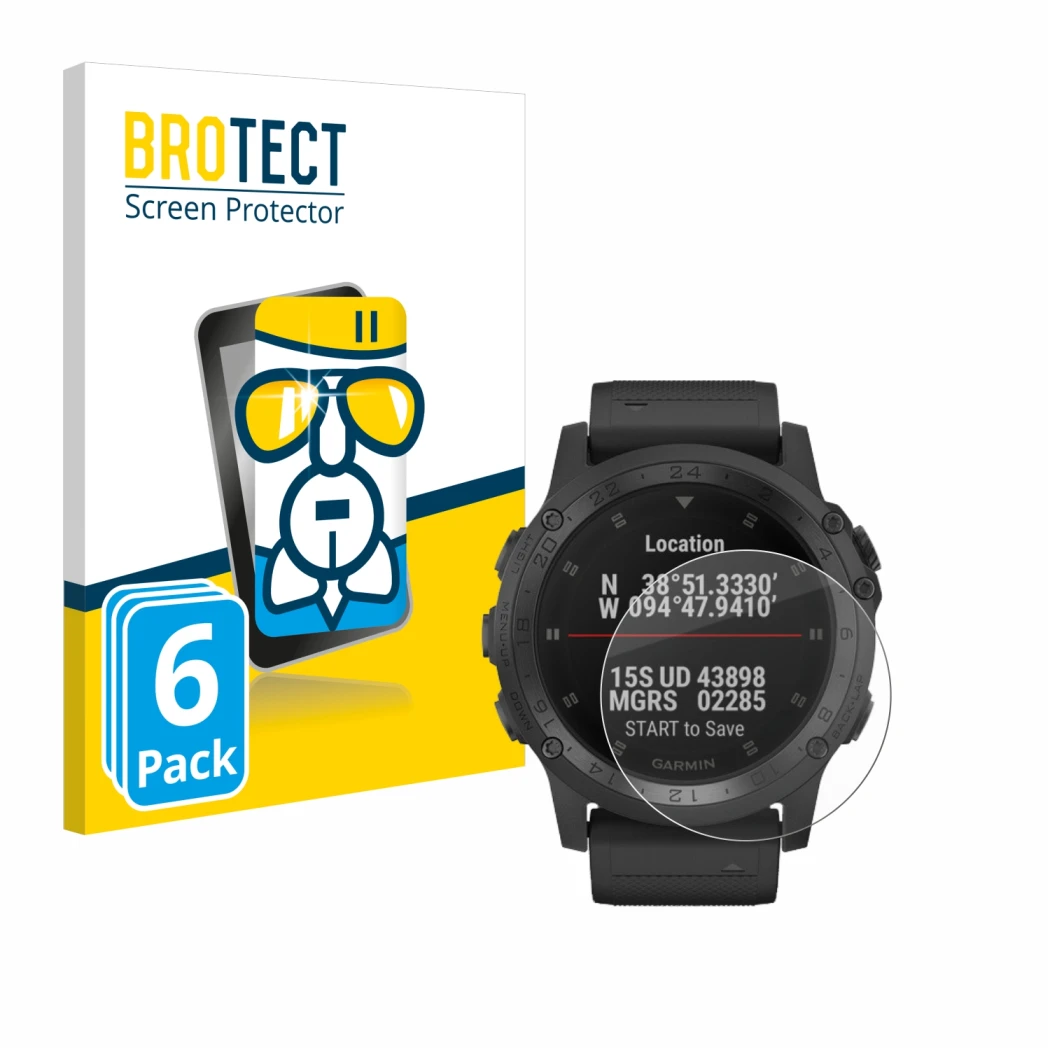 Vorderseite einer Produktverpackung mit dem Markenlogo BROTECT. Daneben ist das Gerät Garmin Tactix Charlie mit dem zugehörige