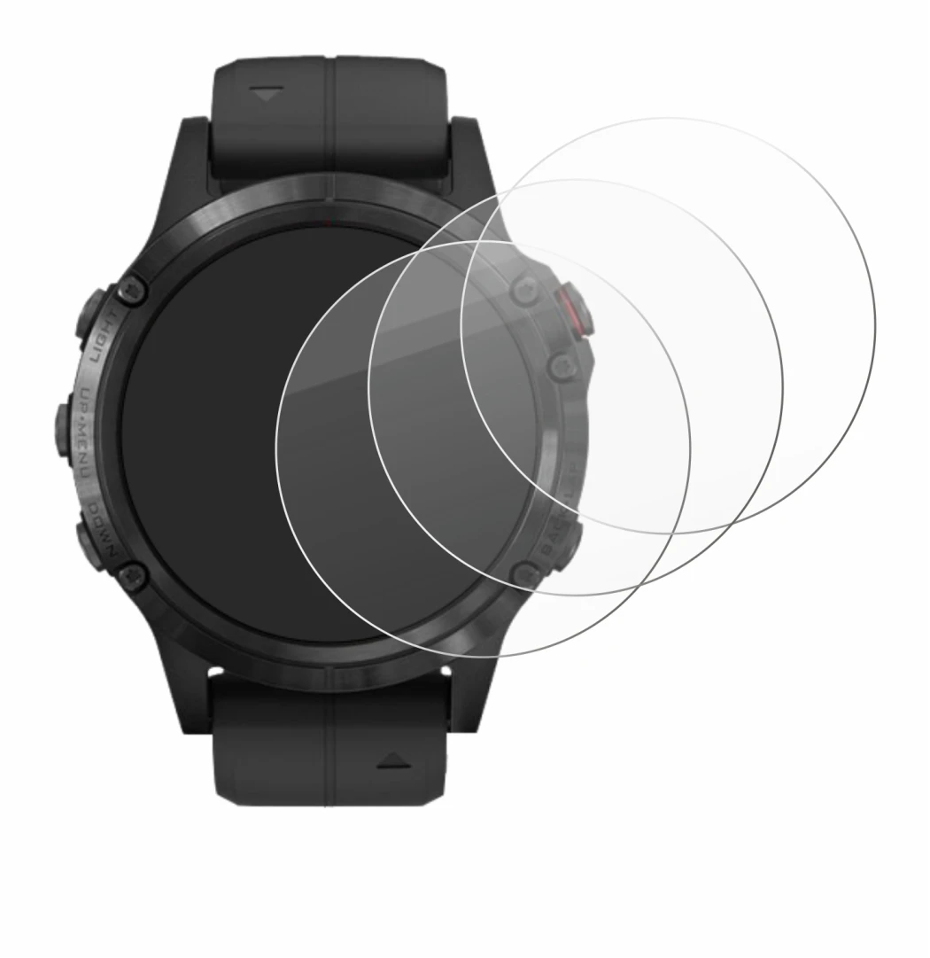 Abbildung des Geräts Garmin Fenix 5 Plus (47 mm) mit einer Vielzahl des Displayschutzes.