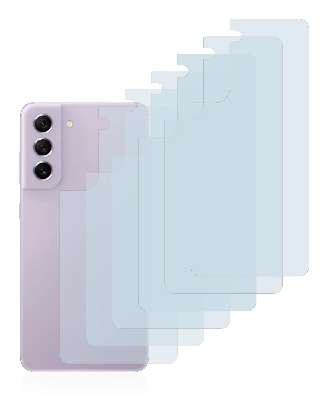 Abbildung des Geräts Samsung Galaxy S21 FE 5G (Rückseite) mit einer Vielzahl des Displayschutzes.