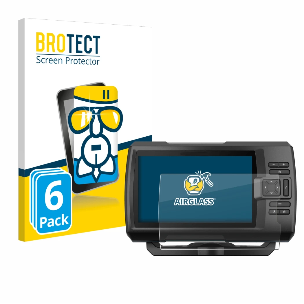 Vorderseite einer Produktverpackung mit dem Markenlogo BROTECT. Daneben ist das Gerät Garmin Striker Vivid 7cv mit dem zugehör