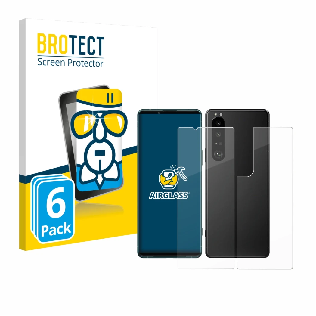 Vorderseite einer Produktverpackung mit dem Markenlogo BROTECT. Daneben ist das Gerät Sony Xperia 5 III (Display+Rückseite) mi