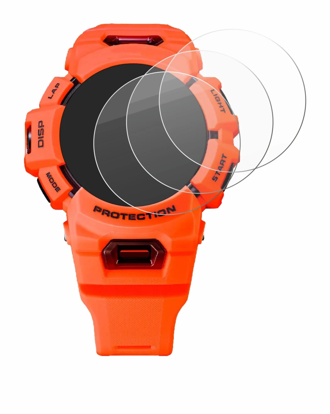 Abbildung des Geräts Casio G-Shock GBA-900 mit einer Vielzahl des Displayschutzes.