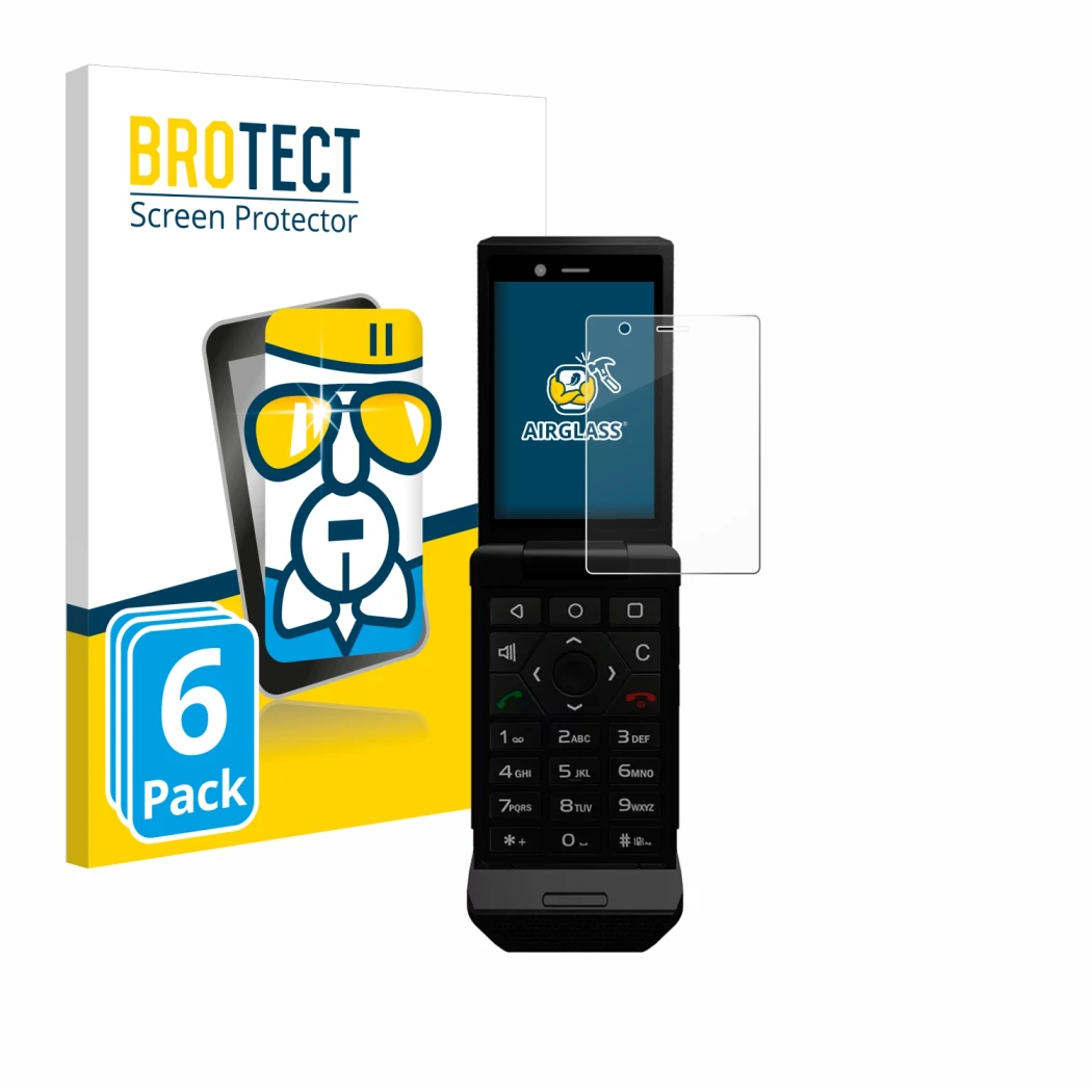 Vorderseite einer Produktverpackung mit dem Markenlogo BROTECT. Daneben ist das Gerät Caterpillar Cat S22 Flip mit dem zugehör