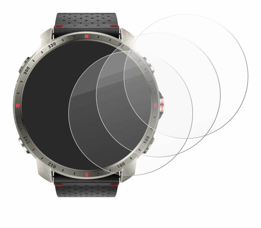 Abbildung des Geräts Polar Grit X Pro Titan mit einer Vielzahl des Displayschutzes.