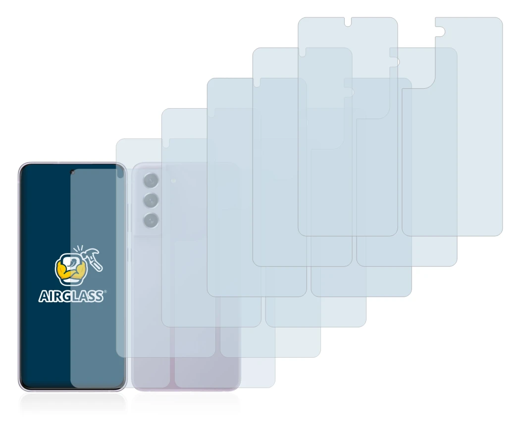 Abbildung des Geräts Samsung Galaxy S21 FE 5G (Display+Rückseite) mit einer Vielzahl des Displayschutzes.