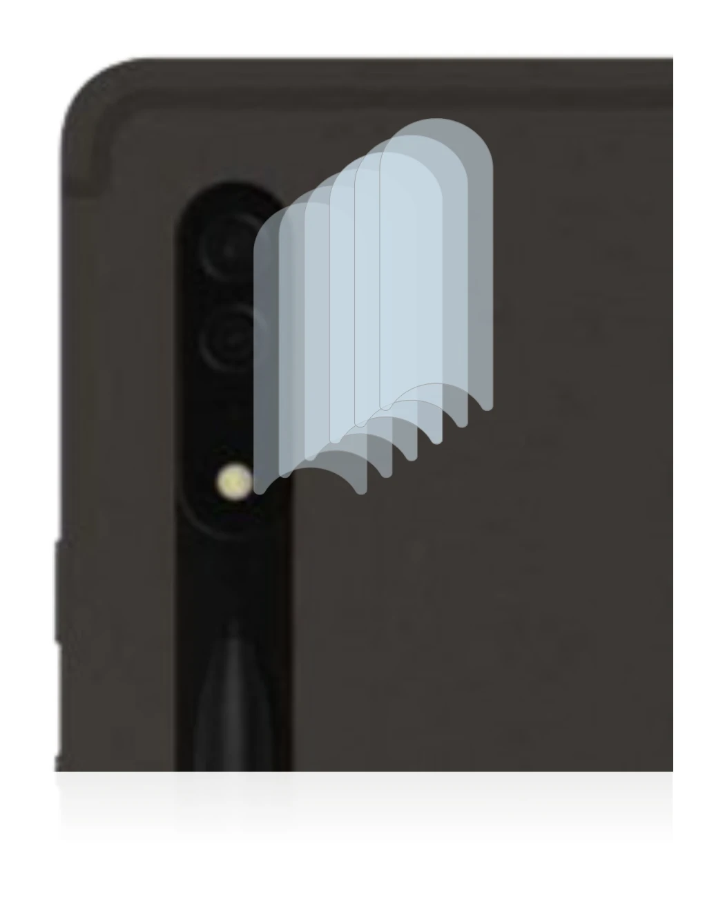 Abbildung des Geräts Samsung Galaxy Tab S8 Ultra 5G (NUR Kameraschutz) mit einer Vielzahl des Displayschutzes.