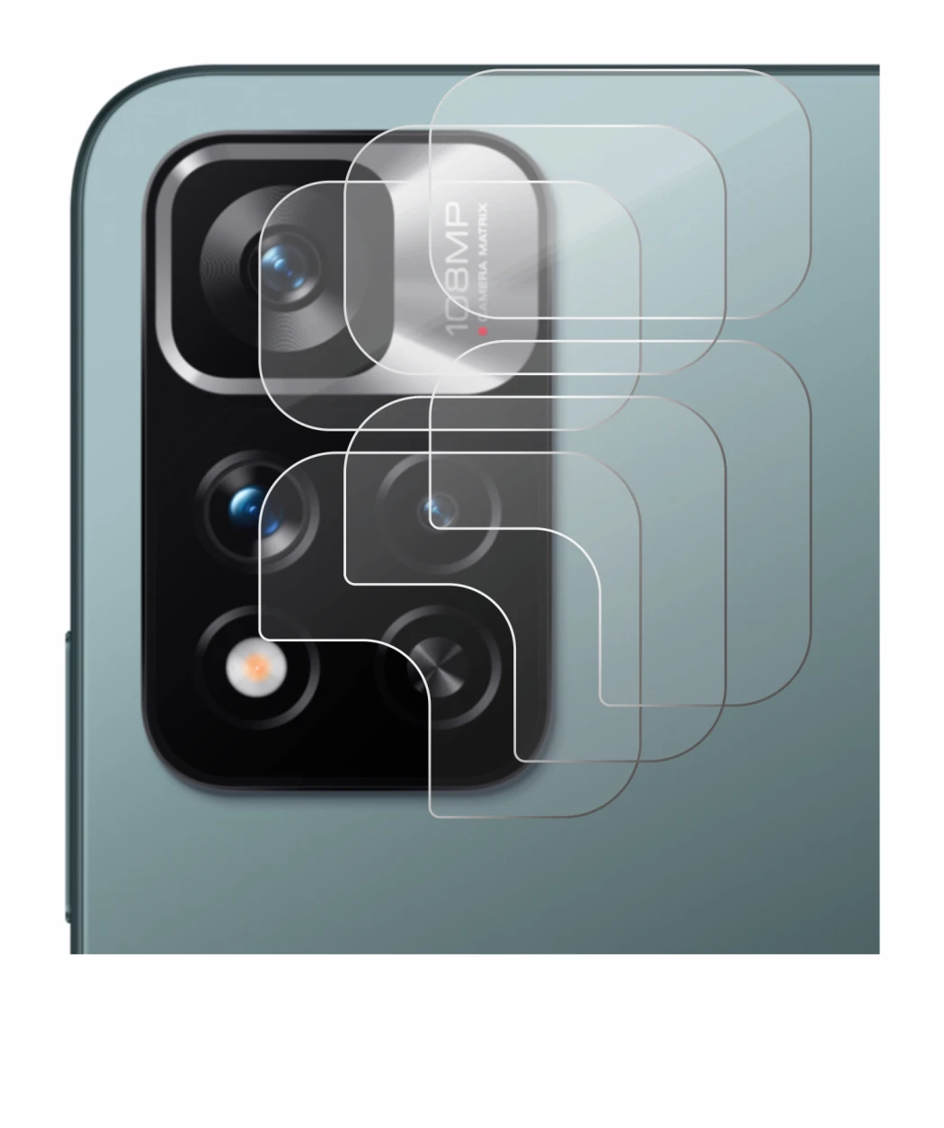 Abbildung des Geräts Xiaomi Redmi Note 11 Pro+ 5G (NUR Kameraschutz) mit einer Vielzahl des Displayschutzes.