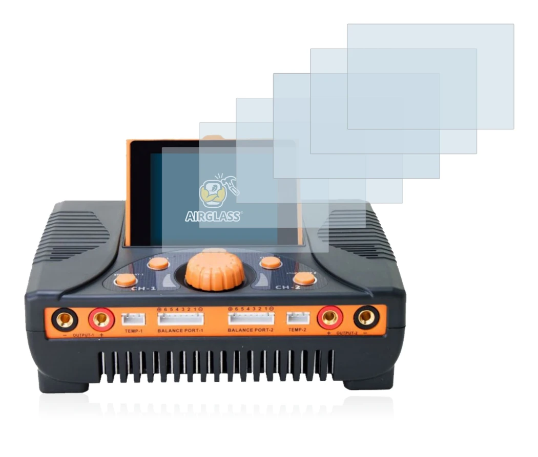 Abbildung des Geräts Junsi iCharger 406 Duo mit einer Vielzahl des Displayschutzes.