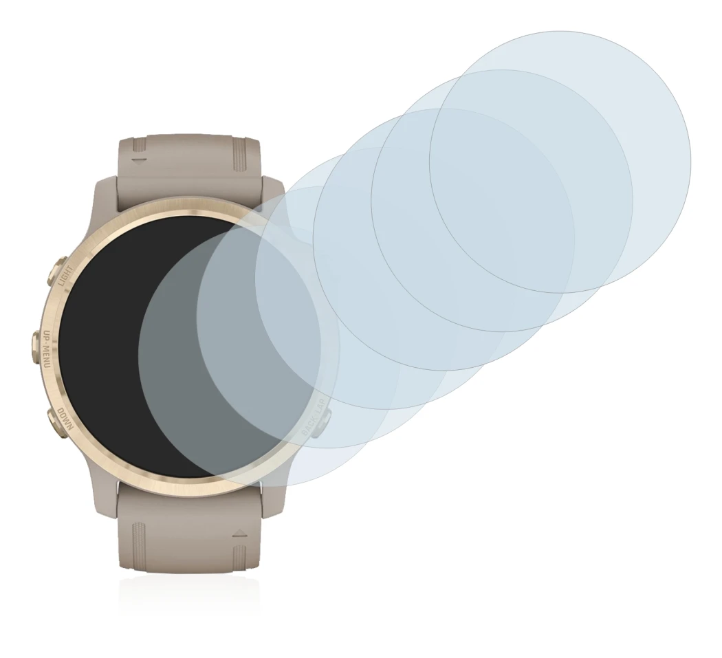 Abbildung des Geräts Garmin Fenix 6S Pro Solar mit einer Vielzahl des Displayschutzes.