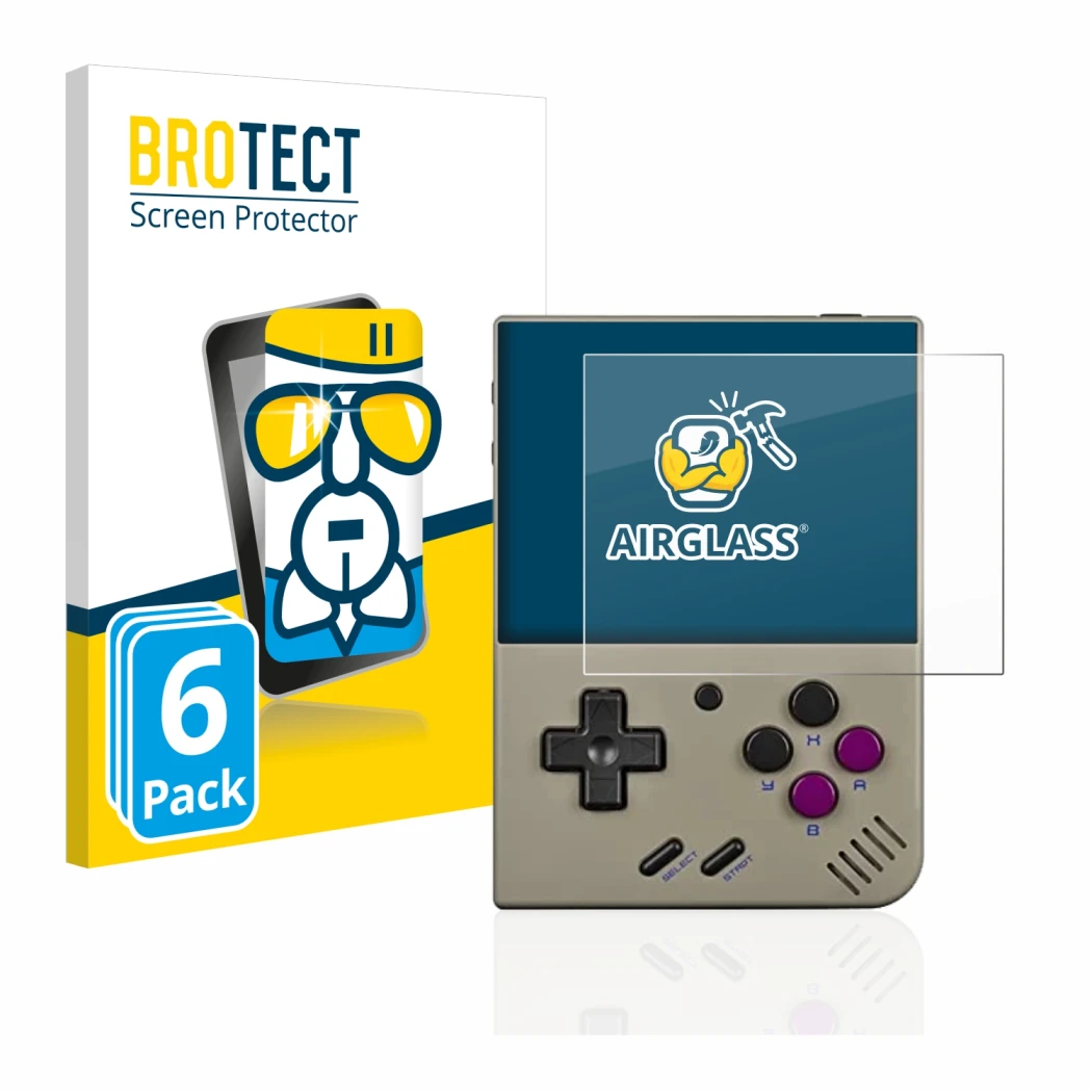 Vorderseite einer Produktverpackung mit dem Markenlogo BROTECT. Daneben ist das Gerät Miyoo Mini Plus mit dem zugehörigen Disp