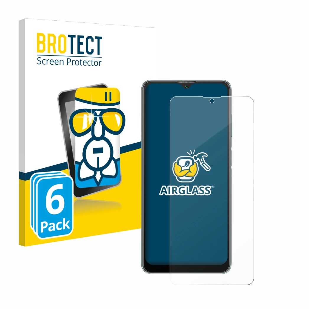 Vorderseite einer Produktverpackung mit dem Markenlogo BROTECT. Daneben ist das Gerät Blackview A53 mit dem zugehörigen Displa