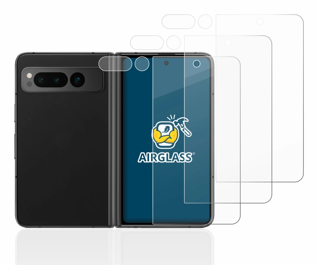 Abbildung des Geräts Google Pixel Fold (Display+Kamera) mit einer Vielzahl des Displayschutzes.