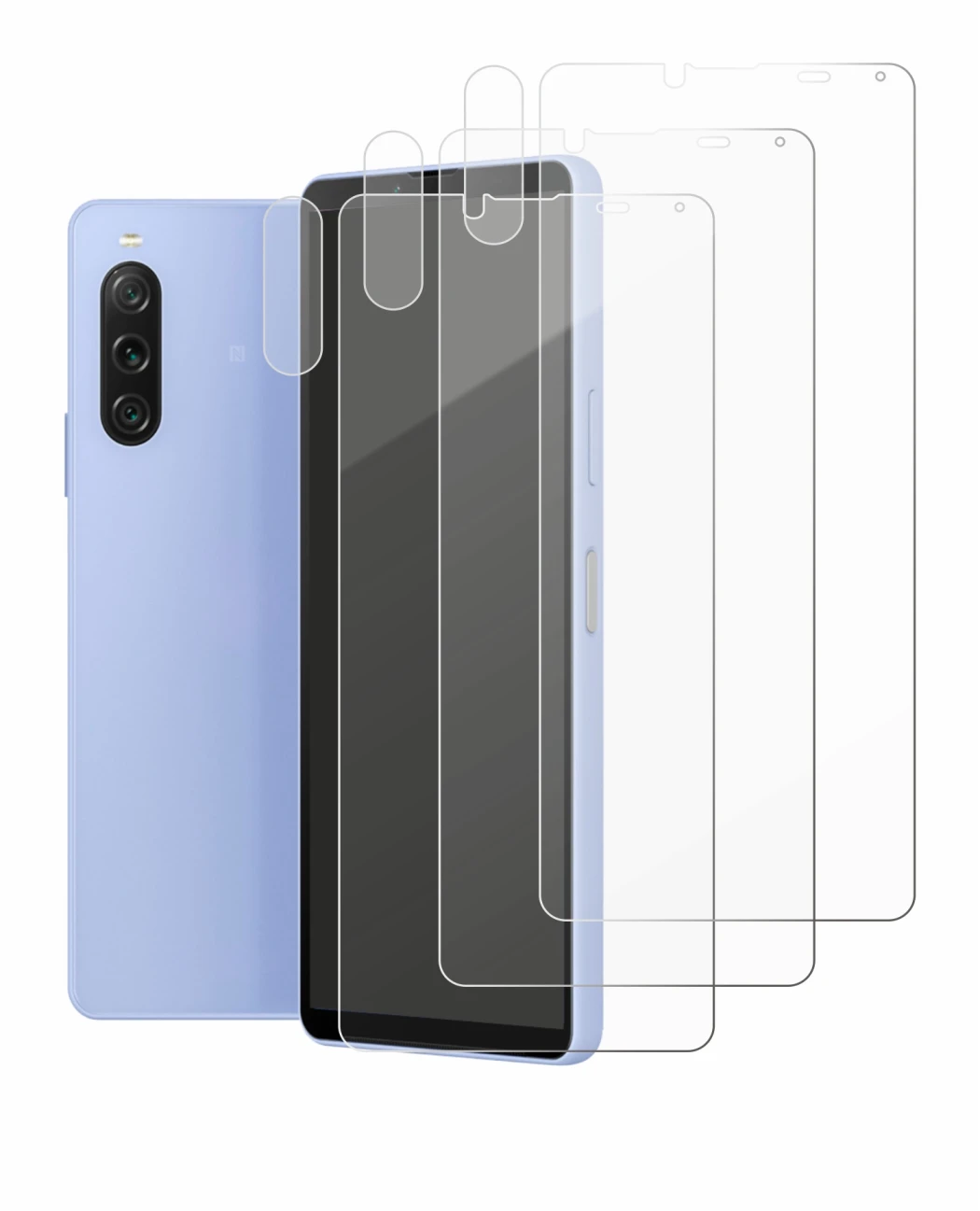 Abbildung des Geräts Sony Xperia 10 V (Display+Kamera) mit einer Vielzahl des Displayschutzes.