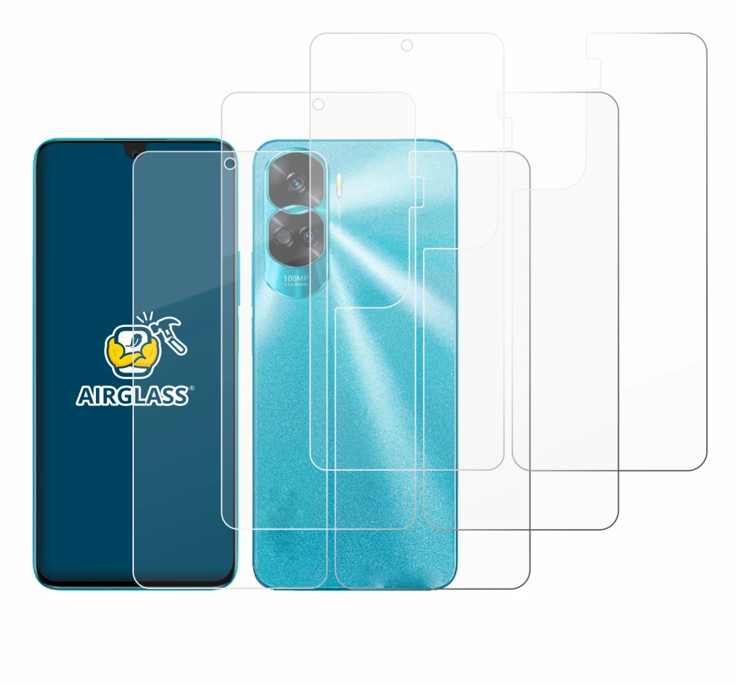 Abbildung des Geräts Honor 90 Lite (Display+Rückseite) mit einer Vielzahl des Displayschutzes.