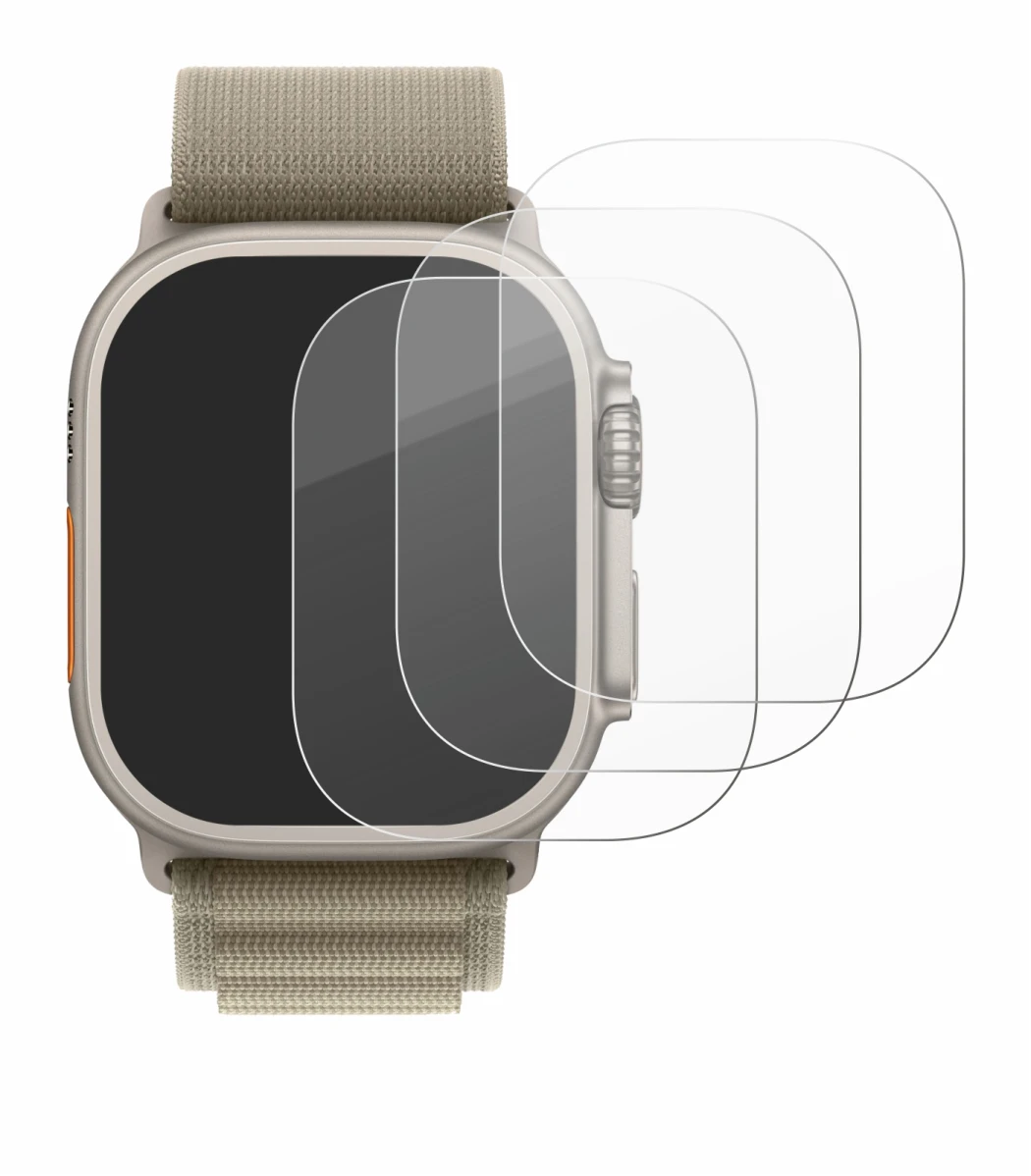 Abbildung des Geräts Apple Watch Ultra 2 (49 mm) mit einer Vielzahl des Displayschutzes.