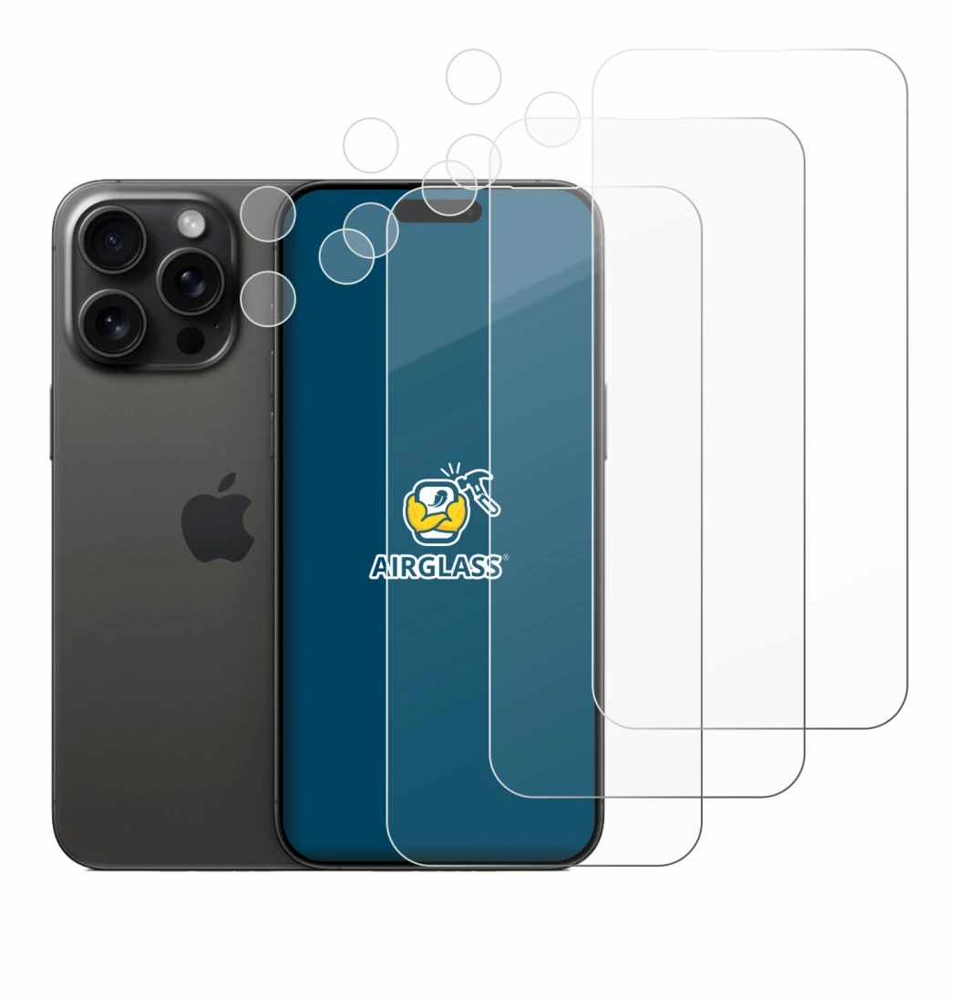 Abbildung des Geräts Apple iPhone 15 Pro Max (Display+Kamera) mit einer Vielzahl des Displayschutzes.