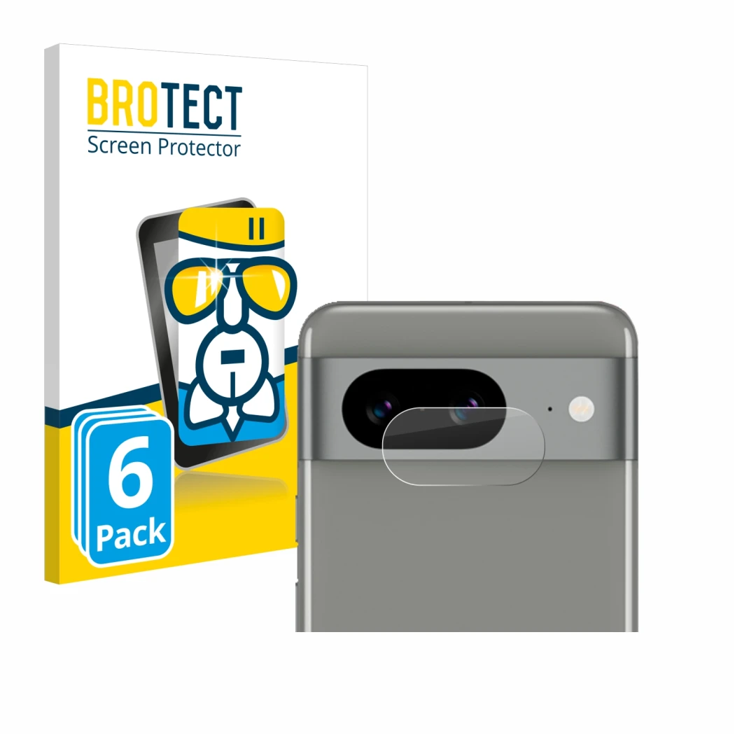 Vorderseite einer Produktverpackung mit dem Markenlogo BROTECT. Daneben ist das Gerät Google Pixel 8 (NUR Kameraschutz) mit de