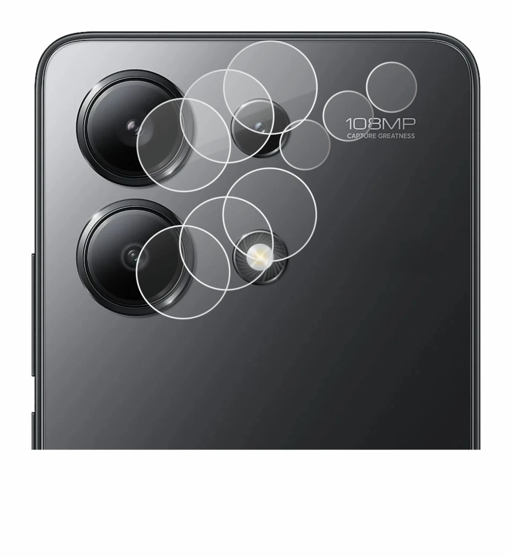 Abbildung des Geräts Xiaomi Redmi Note 13 (NUR Kameraschutz) mit einer Vielzahl des Displayschutzes.