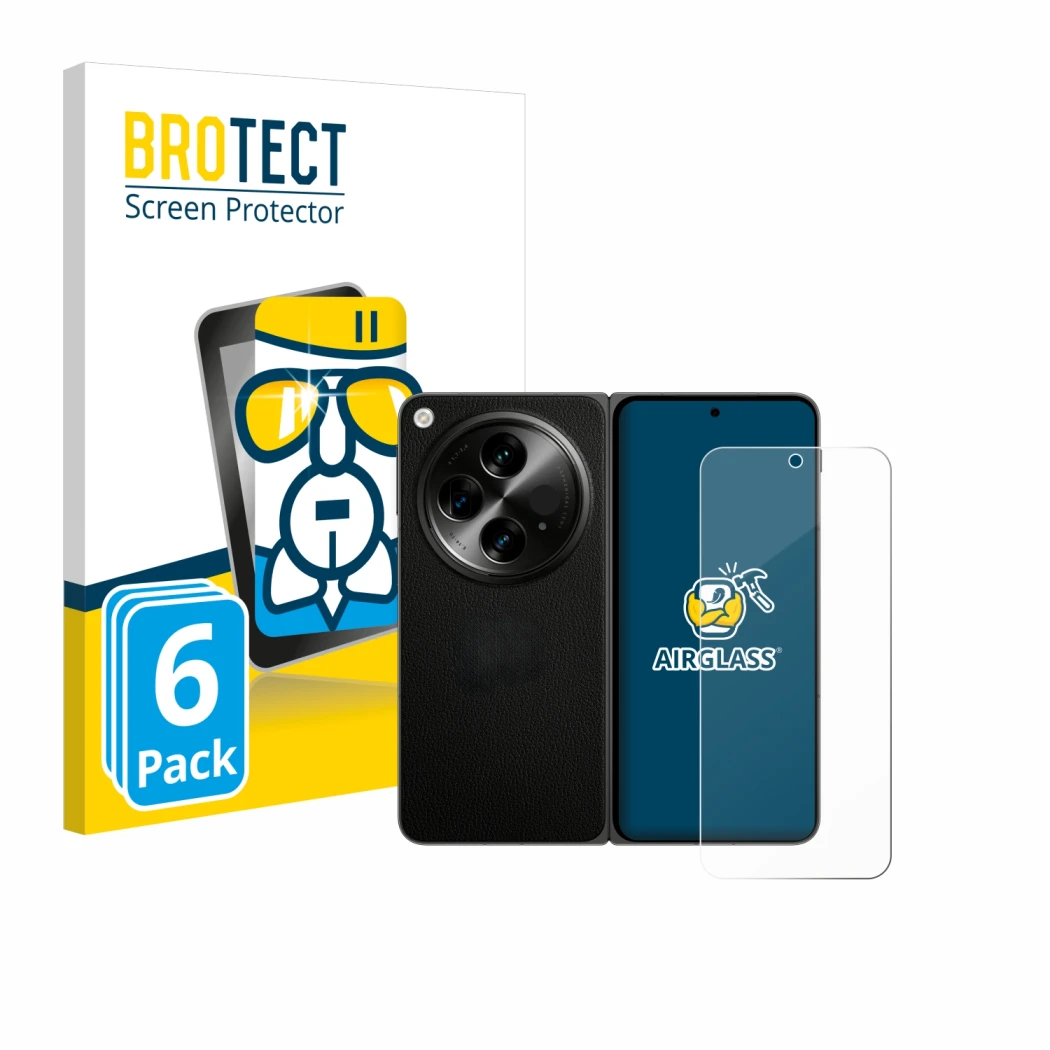 Vorderseite einer Produktverpackung mit dem Markenlogo BROTECT. Daneben ist das Gerät OnePlus Open (case-friendly) mit dem zug