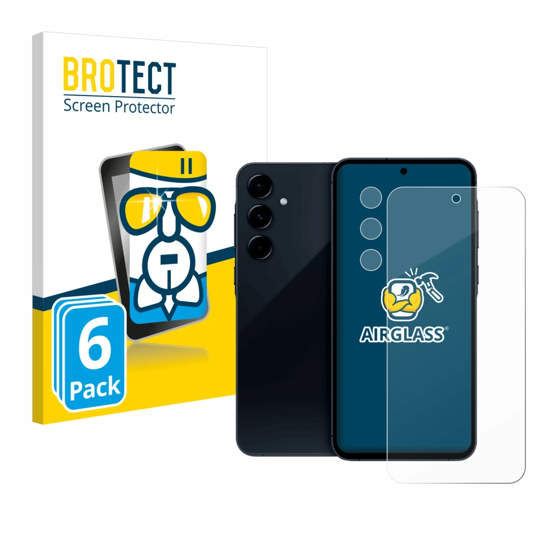 Vorderseite einer Produktverpackung mit dem Markenlogo BROTECT. Daneben ist das Gerät Samsung Galaxy A35 5G (Display+Kamera) m