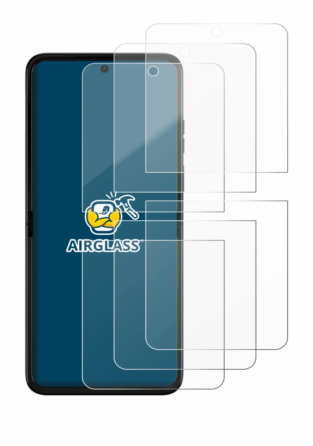 Abbildung des Geräts Motorola Razr 50 Ultra mit einer Vielzahl des Displayschutzes.