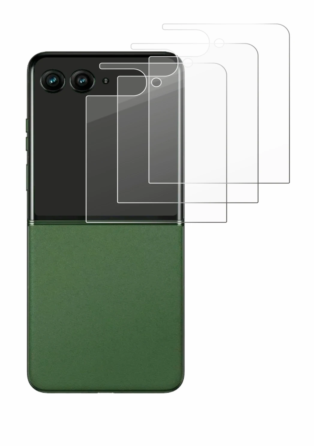 Abbildung des Geräts Motorola Razr 50 Ultra (Hinteres Display) mit einer Vielzahl des Displayschutzes.