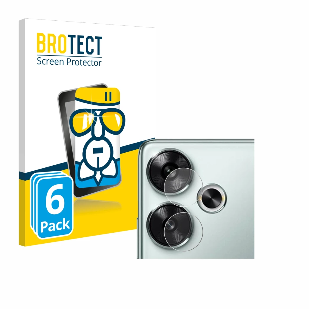 Vorderseite einer Produktverpackung mit dem Markenlogo BROTECT. Daneben ist das Gerät Xiaomi Poco F6 (nur Kameraschutz) mit de